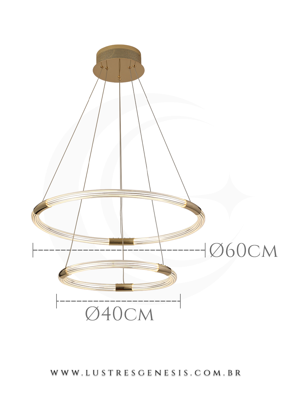 Luminária de teto Aliança Duplo de LED dourada com dois anéis de 60cm e 40cm de diâmetro, ideal para sala de jantar, sala de estar ou quartos.